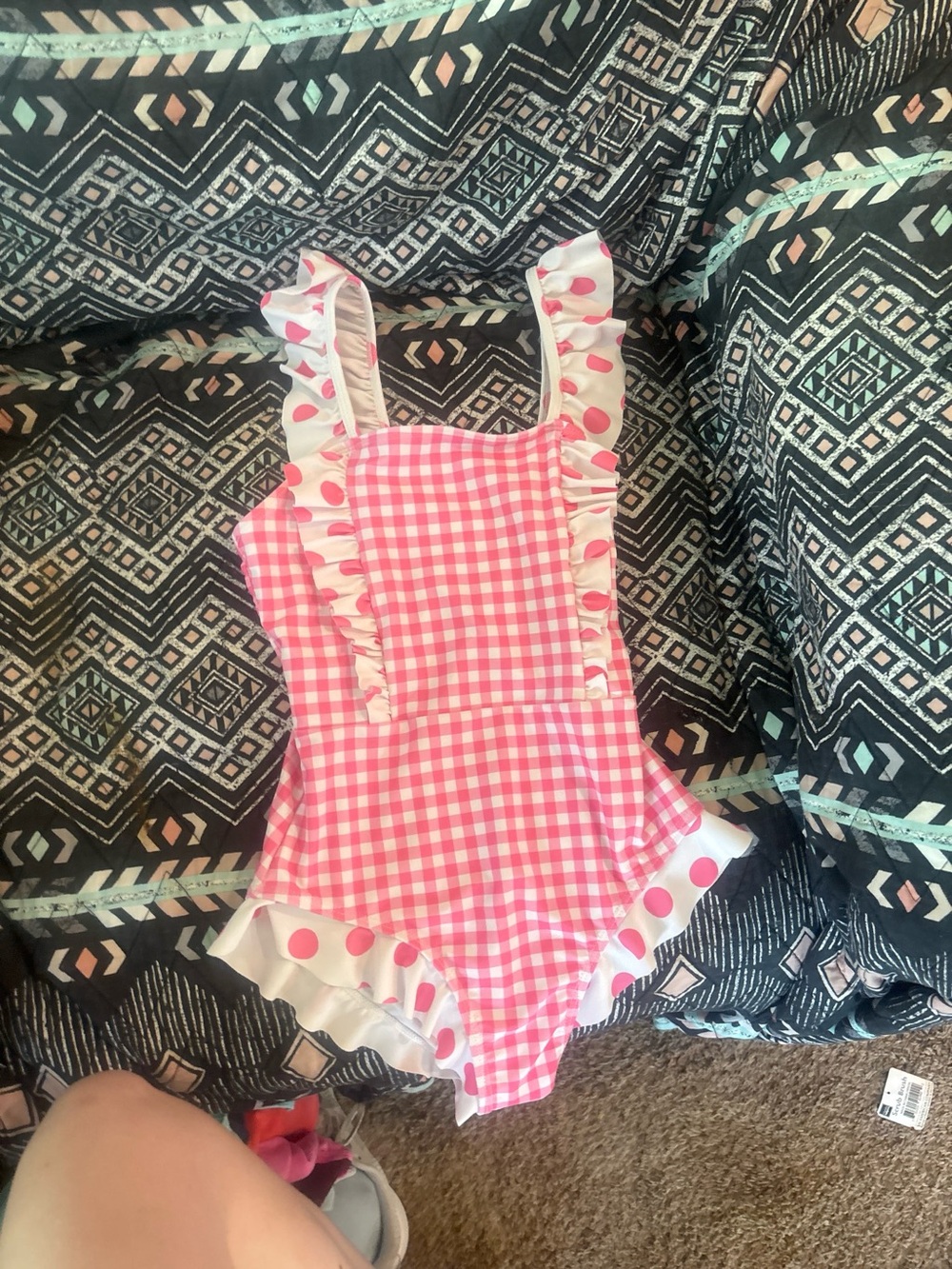Girls Pink Gingham Ruffle Footie One-Piece